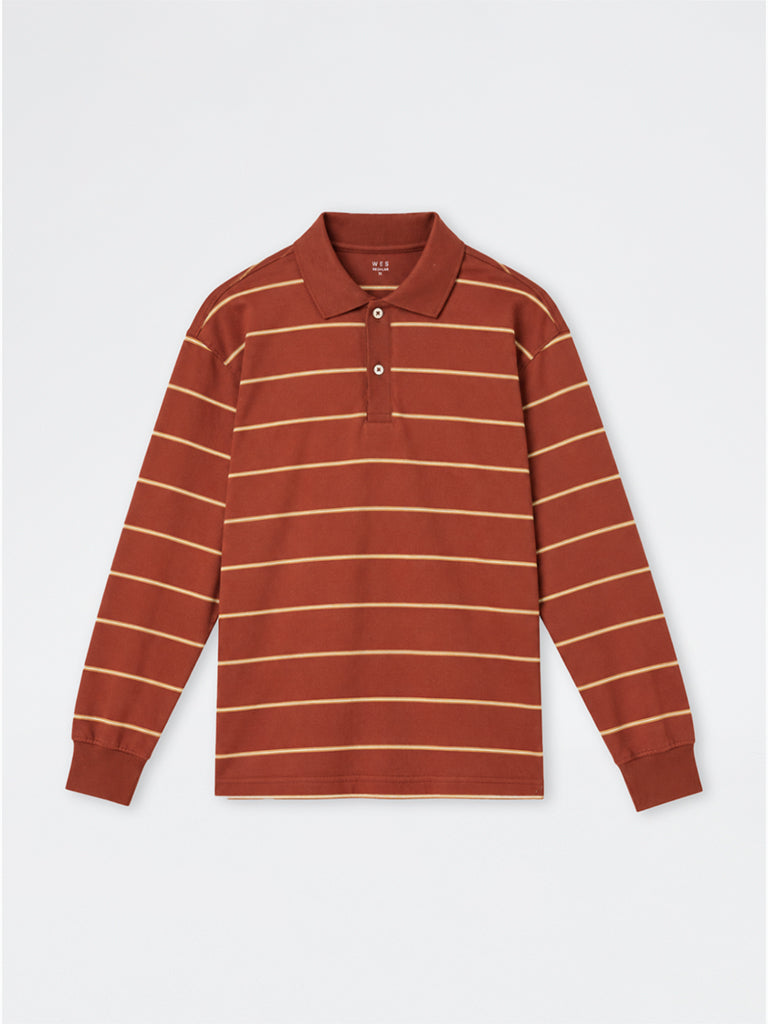 WES Casuals Rust Striped Relaxed-Fit Cotton-Blend Polo T-Shirt
