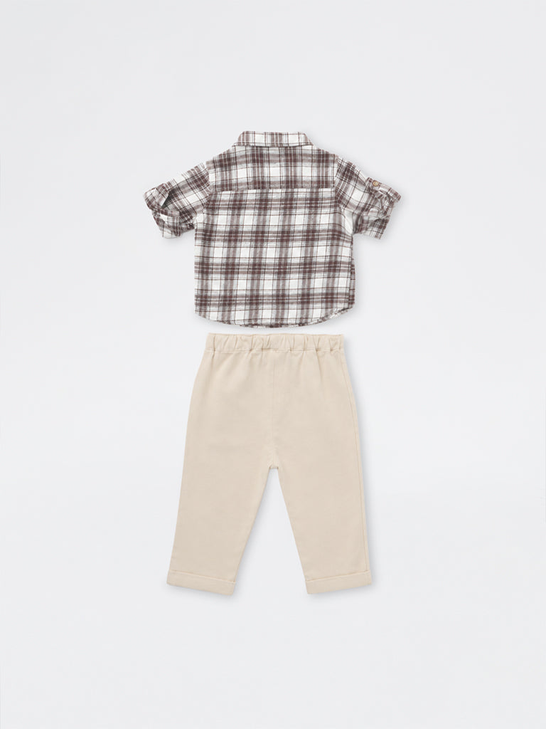 HOP Baby Boys Brown Checkered Cotton Shirt and Pant Set