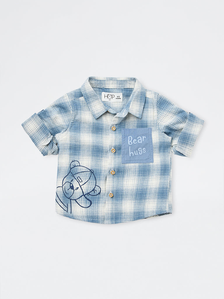 HOP Baby Boys Blue Checkered Cotton Shirt