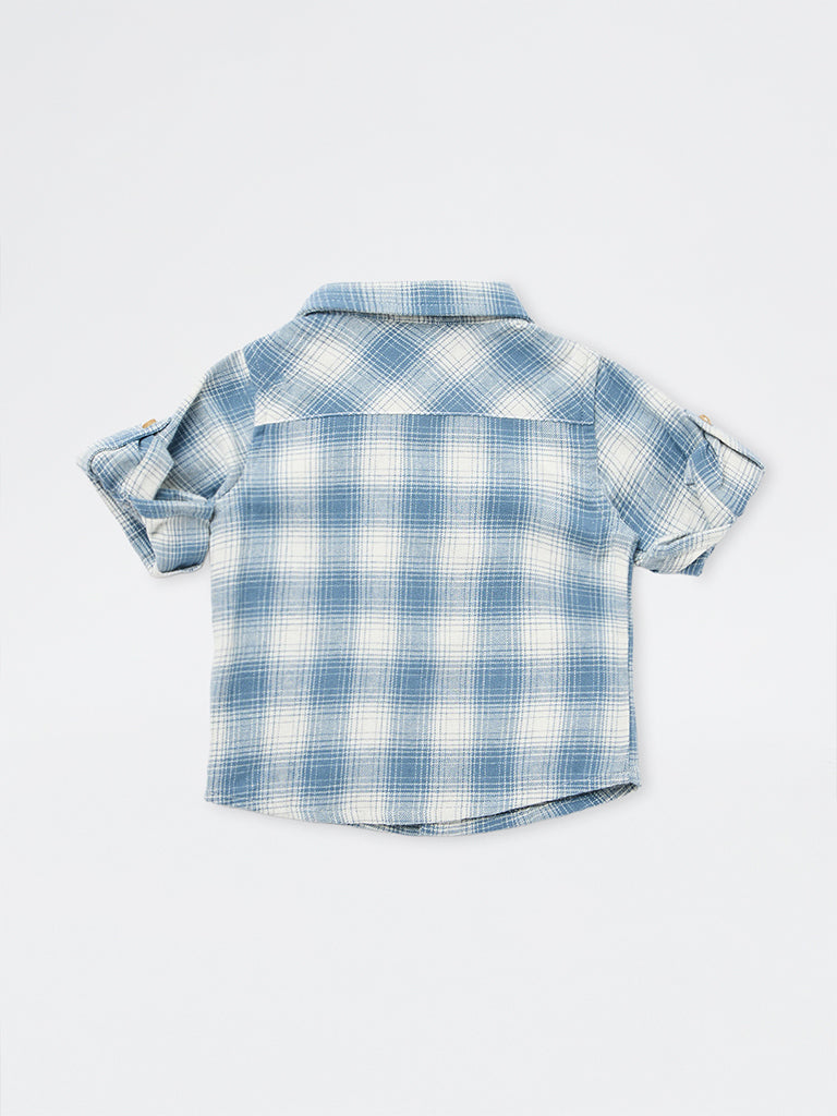 HOP Baby Boys Blue Checkered Cotton Shirt