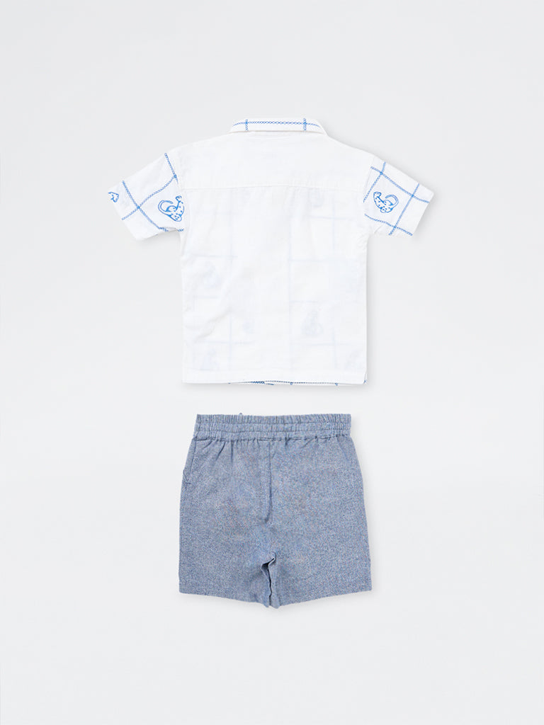 HOP Kids Boys White Embroidered Resort-Fit Cotton Shirt with Shorts Set
