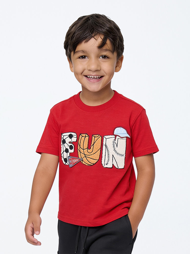 HOP Kids Boys Red Text Embroidered Cotton T-Shirt