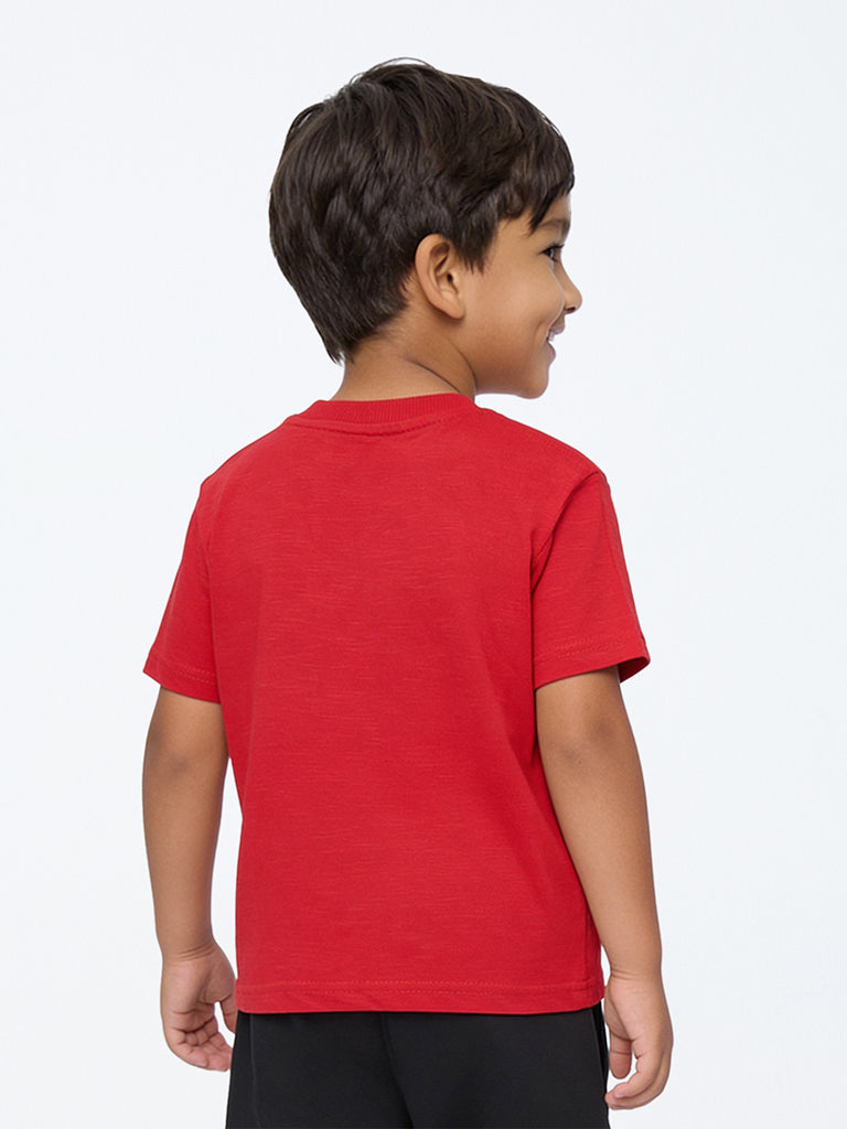 HOP Kids Boys Red Text Embroidered Cotton T-Shirt