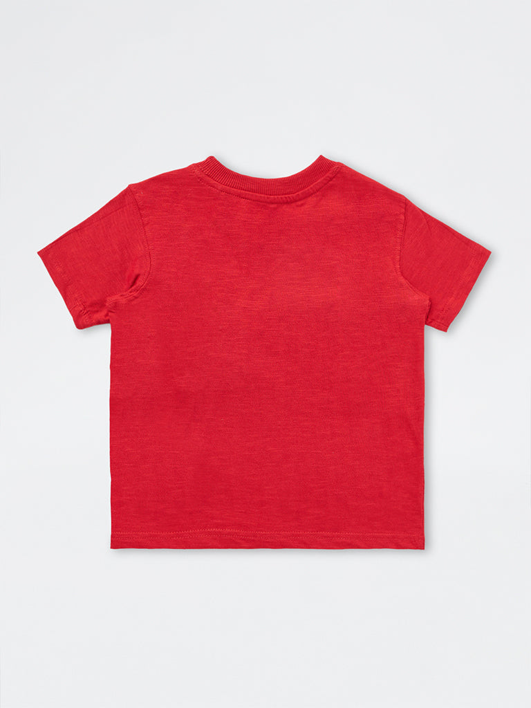 HOP Kids Boys Red Text Embroidered Cotton T-Shirt