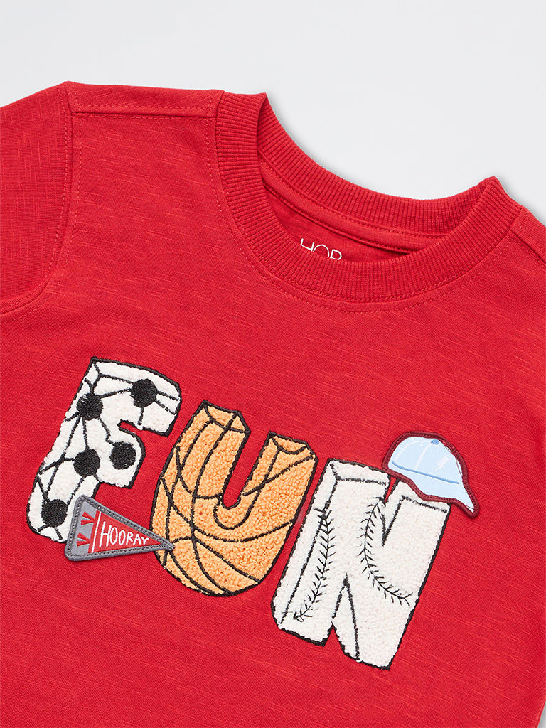 HOP Kids Boys Red Text Embroidered Cotton T-Shirt