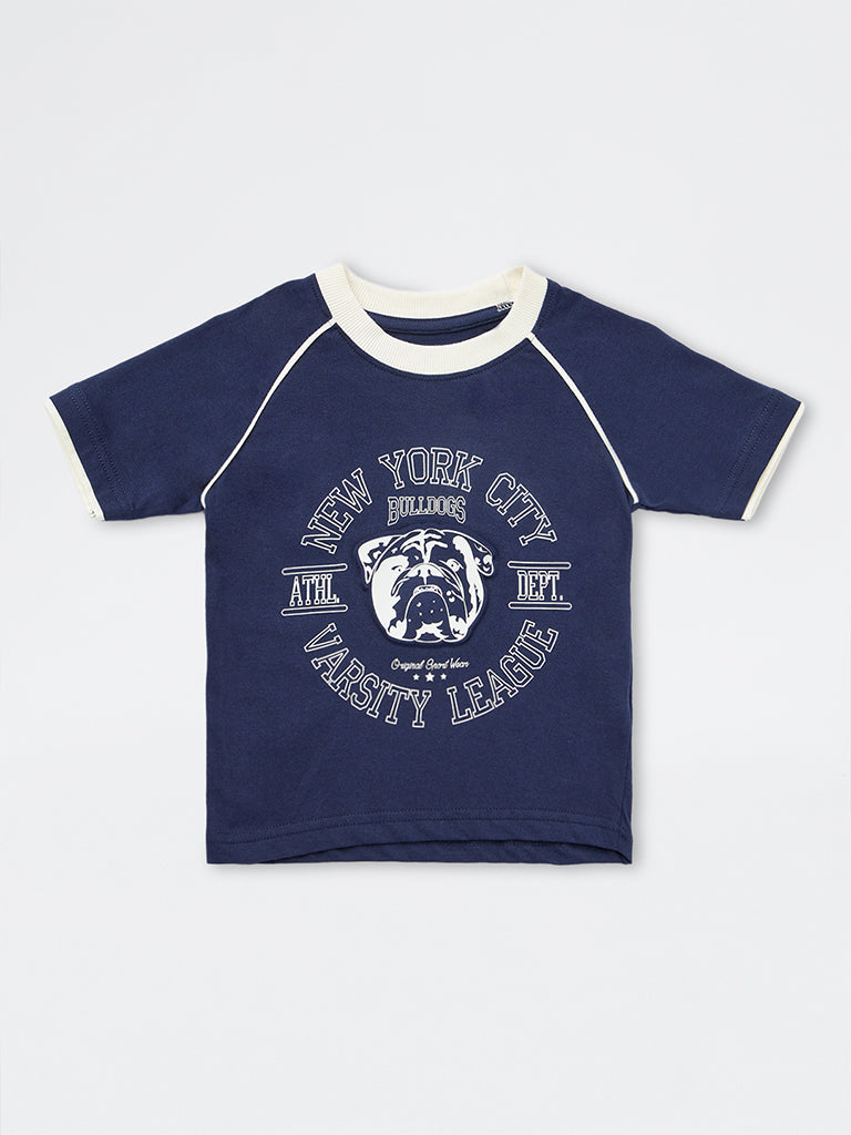 HOP Kids Boys Navy Printed Cotton T-Shirt