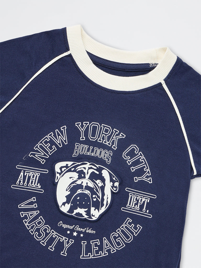 HOP Kids Boys Navy Printed Cotton T-Shirt