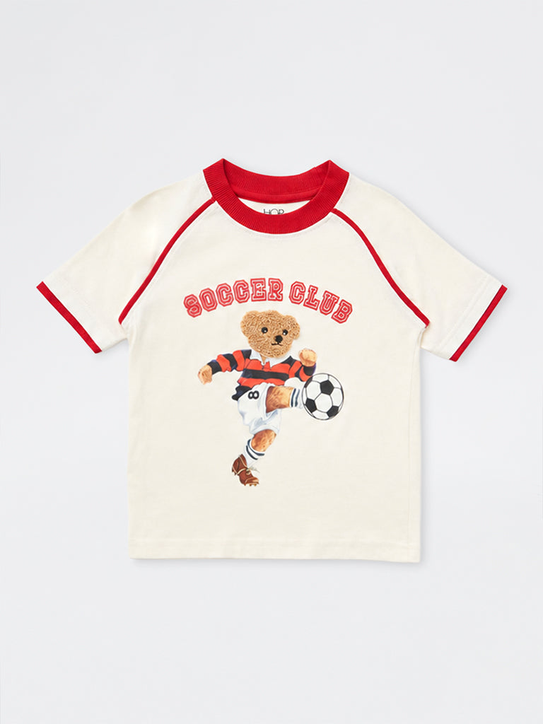 HOP Kids Boys Off-White Teddy Design Cotton T-Shirt