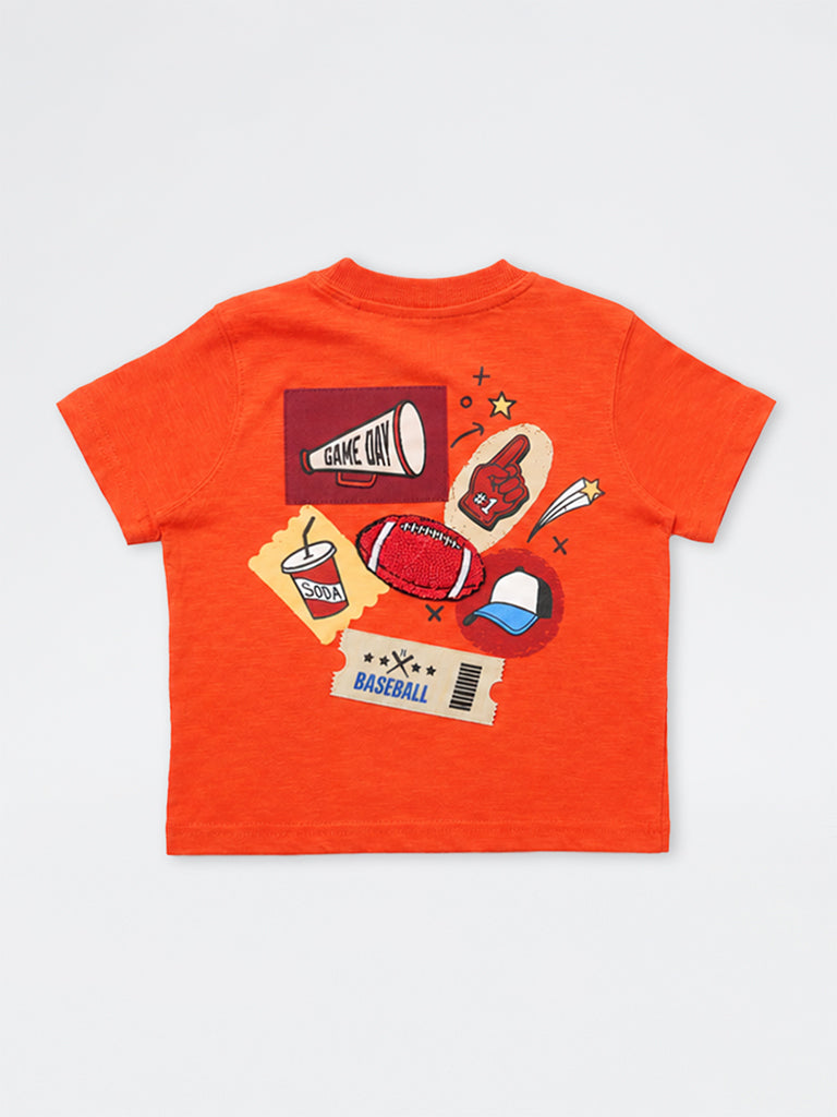 HOP Kids Boys Orange Baseball-Theme Cotton T-Shirt