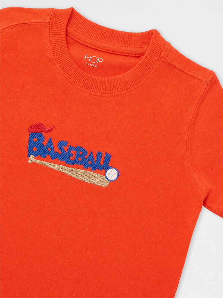 HOP Kids Boys Orange Baseball-Theme Cotton T-Shirt