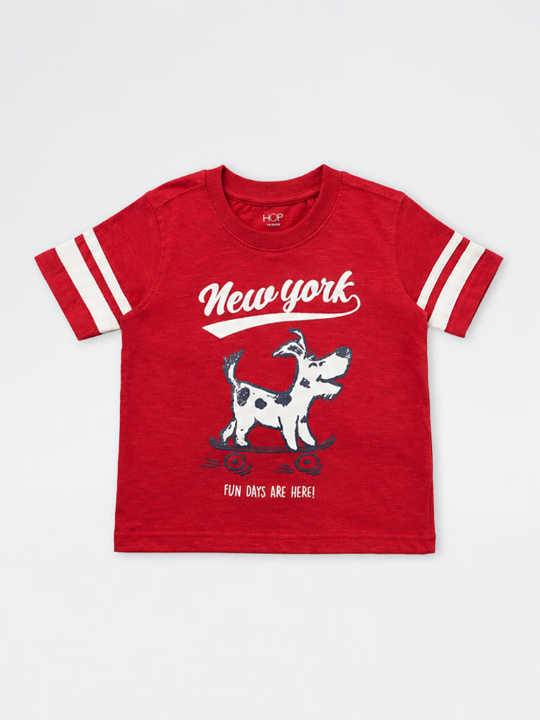 HOP Kids Boys Red Dog Printed Cotton T-Shirt