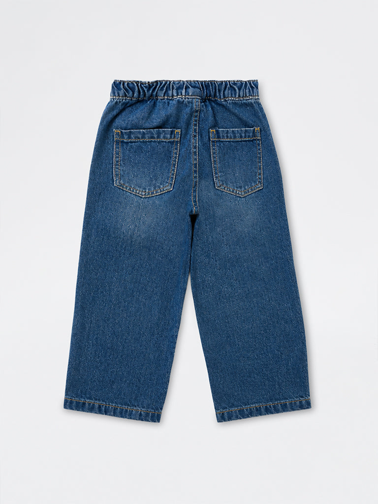 HOP Kids Boys Blue Washed Patch-Detail Mid-Rise Relaxed-Fit Jeans