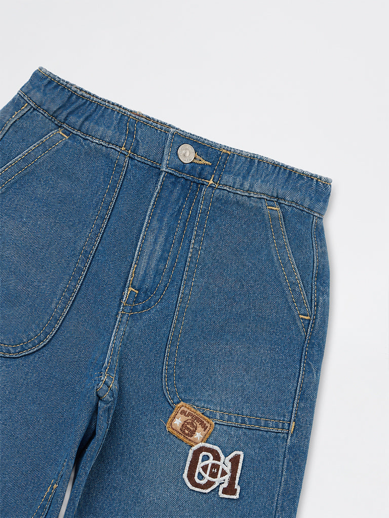 HOP Kids Boys Blue Washed Patch-Detail Mid-Rise Relaxed-Fit Jeans