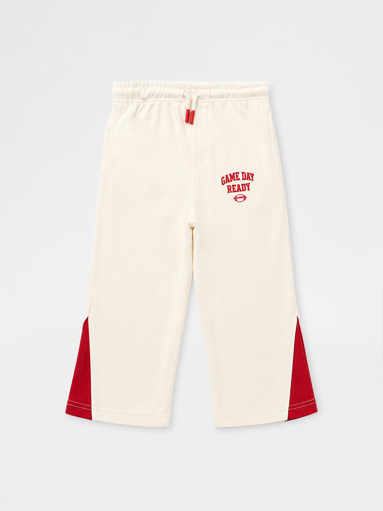 HOP Kids Boys Off-White Colour-Blocked Mid-Rise Cotton Track Pants