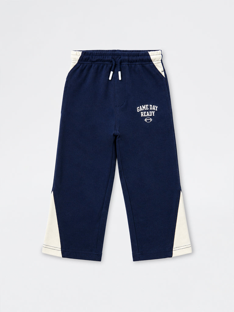 HOP Kids Boys Navy Colour-Blocked Mid-Rise Cotton Track Pants
