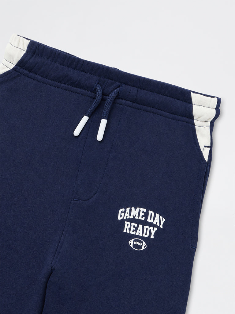 HOP Kids Boys Navy Colour-Blocked Mid-Rise Cotton Track Pants