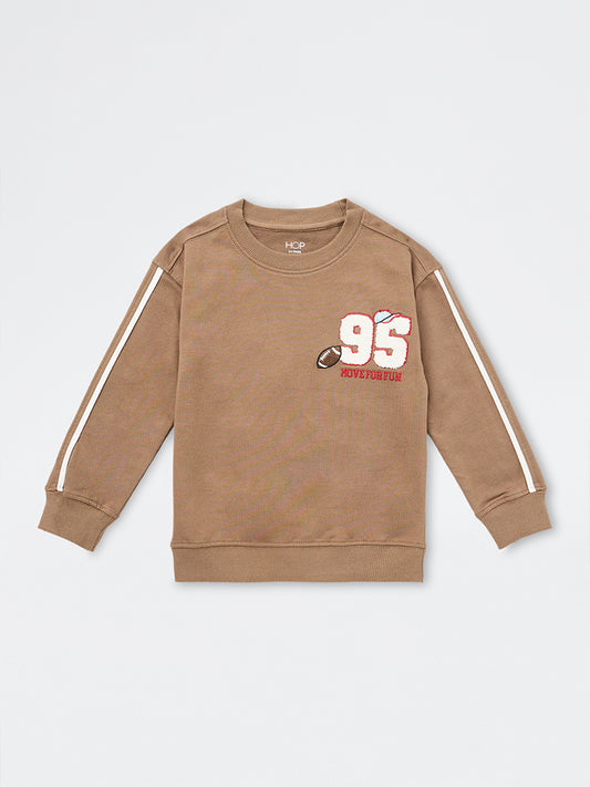 HOP Kids Boys Brown Baseball-Theme Cotton Sweatshirt