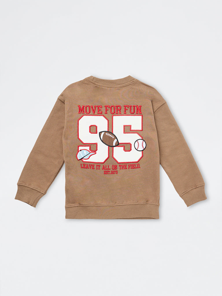 HOP Kids Boys Brown Baseball-Theme Cotton Sweatshirt