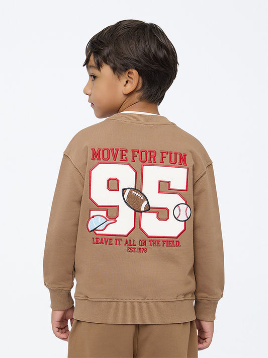 HOP Kids Boys Brown Baseball-Theme Cotton Sweatshirt