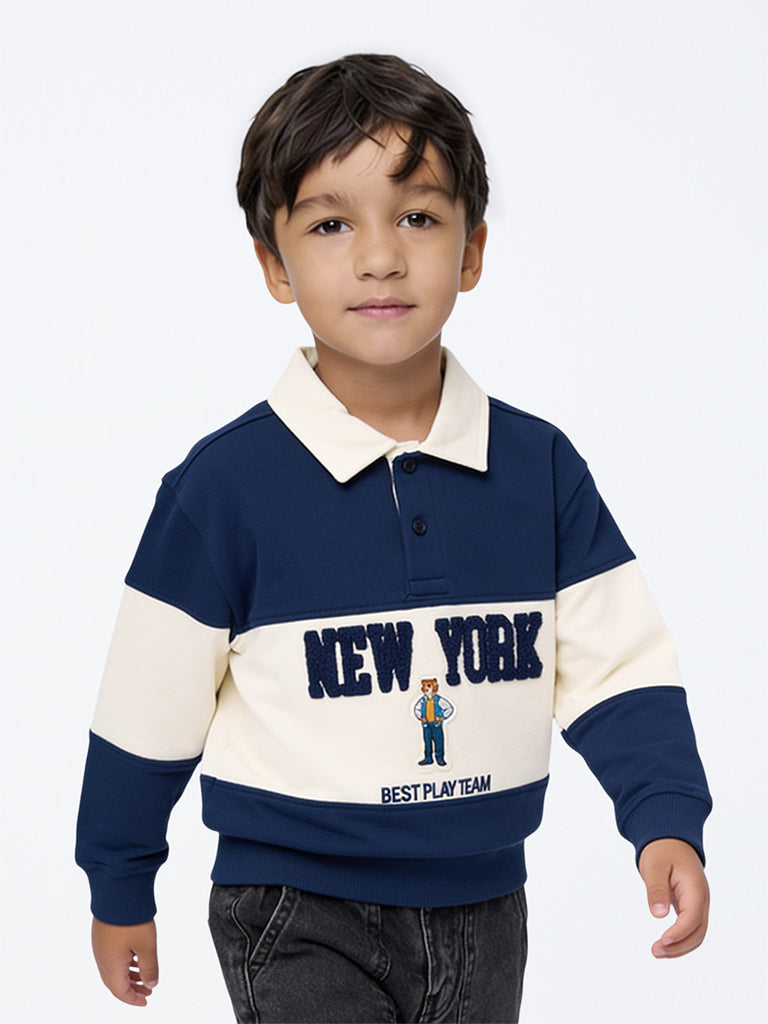 HOP Kids Boys Navy Colour-Blocked Cotton Polo Sweatshirt