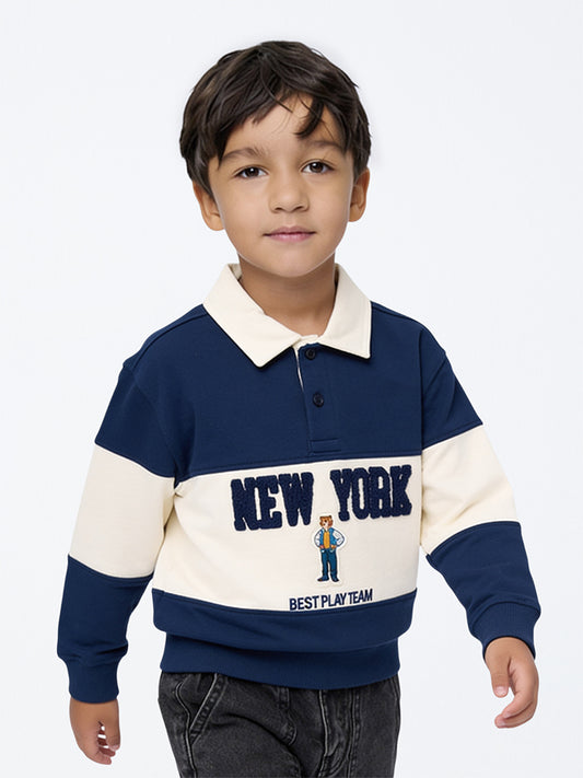 HOP Kids Boys Navy Colour-Blocked Cotton Polo Sweatshirt