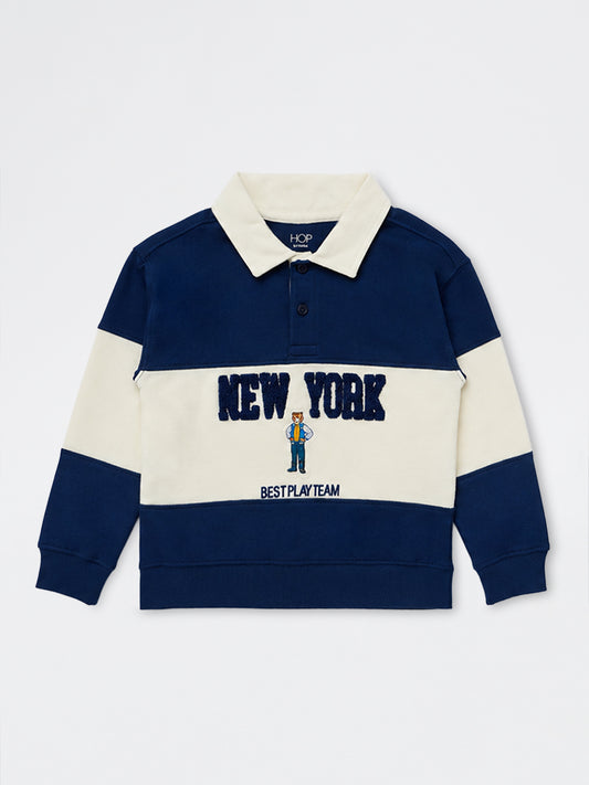 HOP Kids Boys Navy Colour-Blocked Cotton Polo Sweatshirt