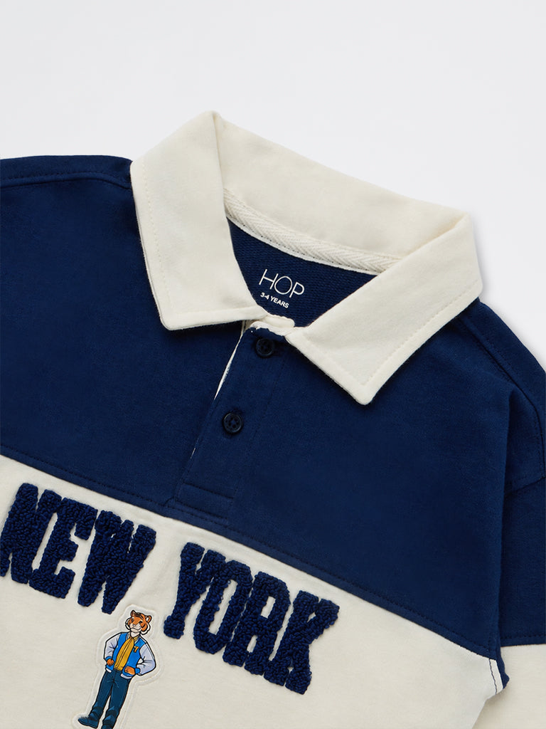 HOP Kids Boys Navy Colour-Blocked Cotton Polo Sweatshirt