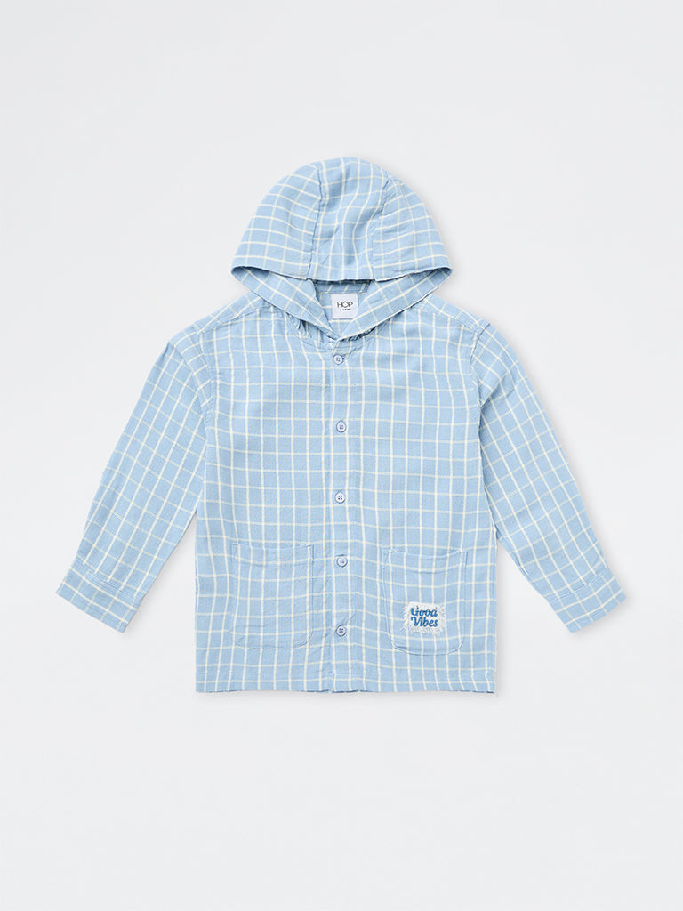 HOP Kids Boys Blue Checks Design Hooded Shirt
