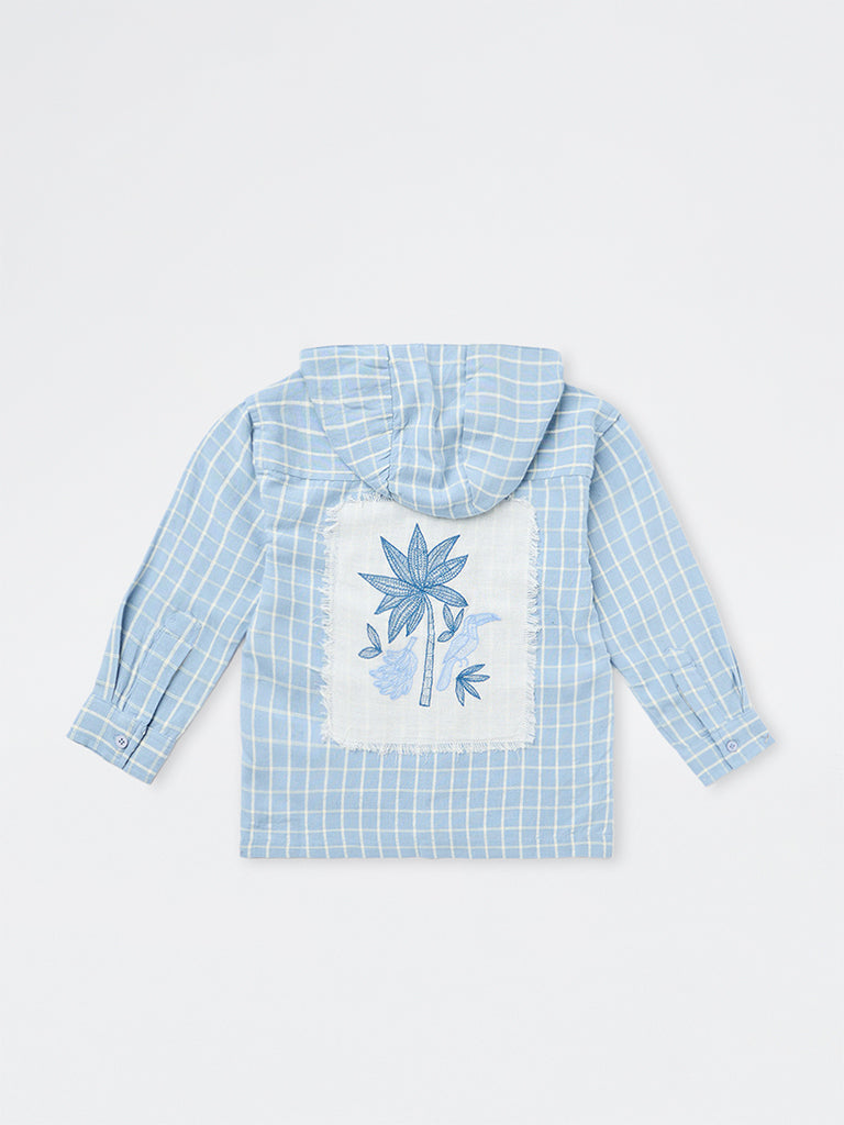 HOP Kids Boys Blue Checks Design Hooded Shirt