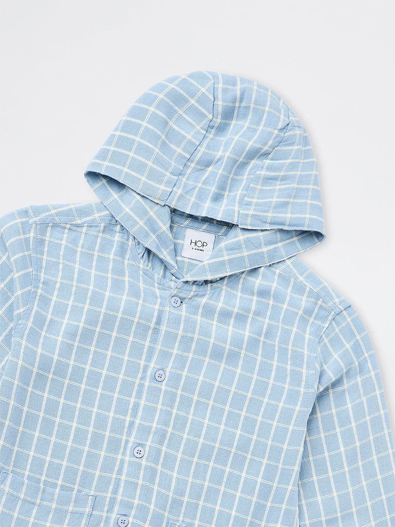 HOP Kids Boys Blue Checks Design Hooded Shirt