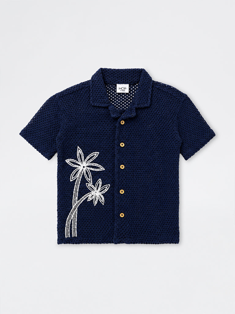 HOP Kids Boys Navy Crotchet-Knitted Cotton Shirt