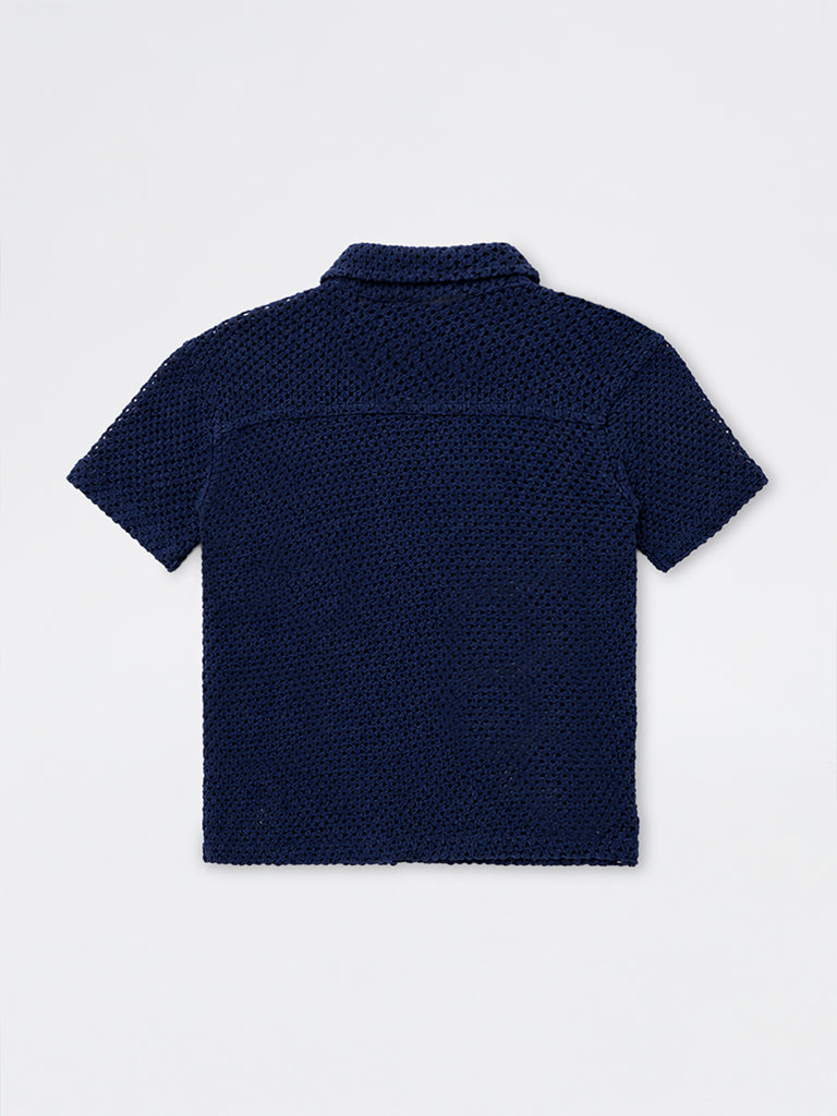 HOP Kids Boys Navy Crotchet-Knitted Cotton Shirt