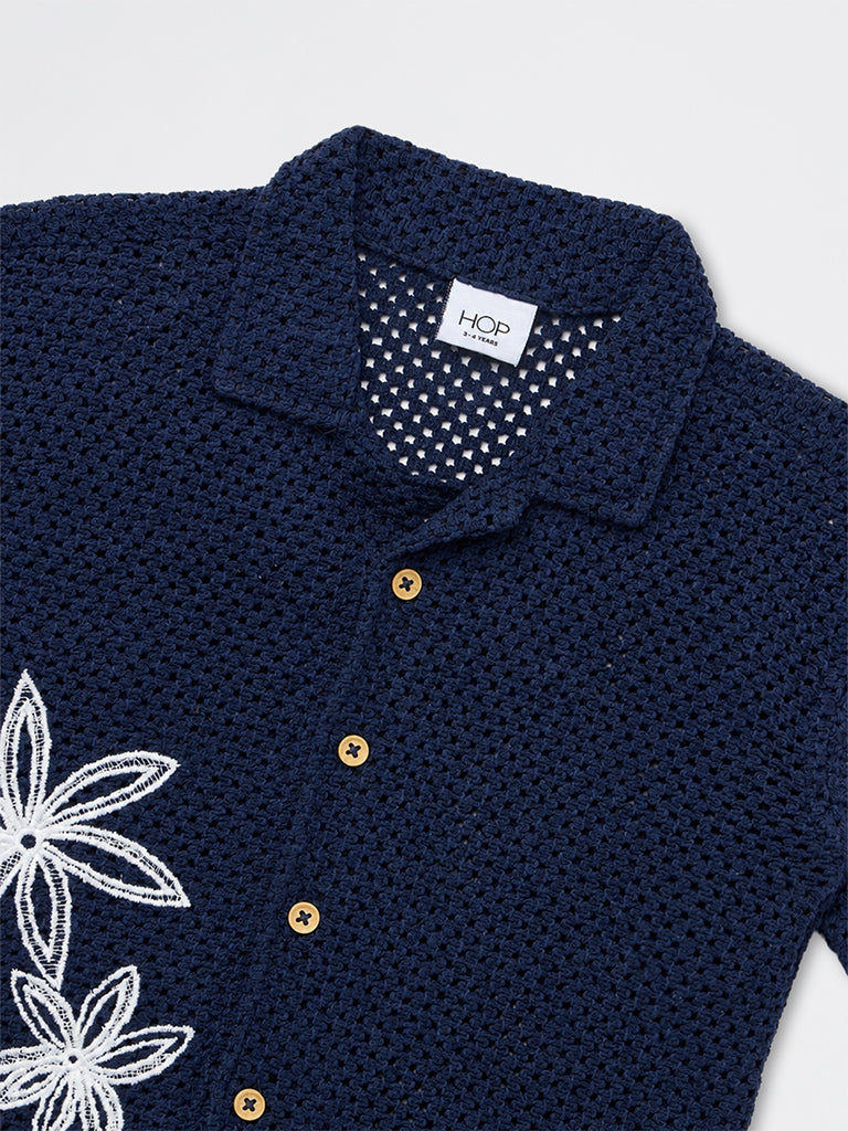 HOP Kids Boys Navy Crotchet-Knitted Cotton Shirt