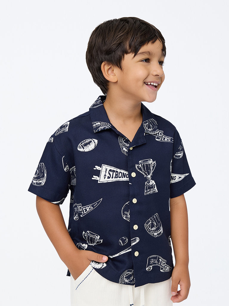 HOP Kids Boys Navy Printed Resort-Fit Shirt