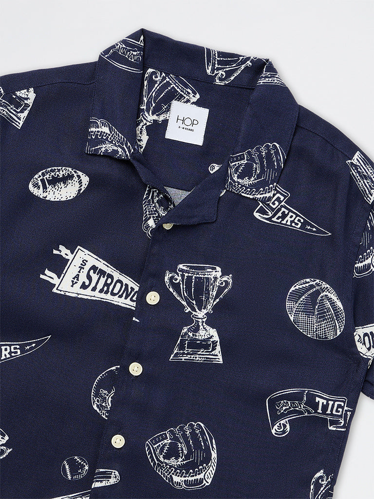 HOP Kids Boys Navy Printed Resort-Fit Shirt