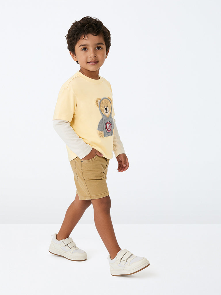 HOP Kids Boys Yellow Teddy Embroidered Cotton T-Shirt