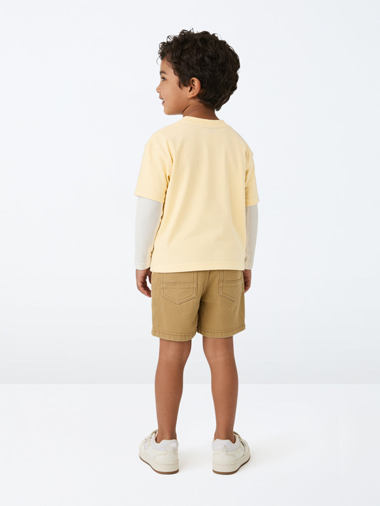 HOP Kids Boys Yellow Teddy Embroidered Cotton T-Shirt
