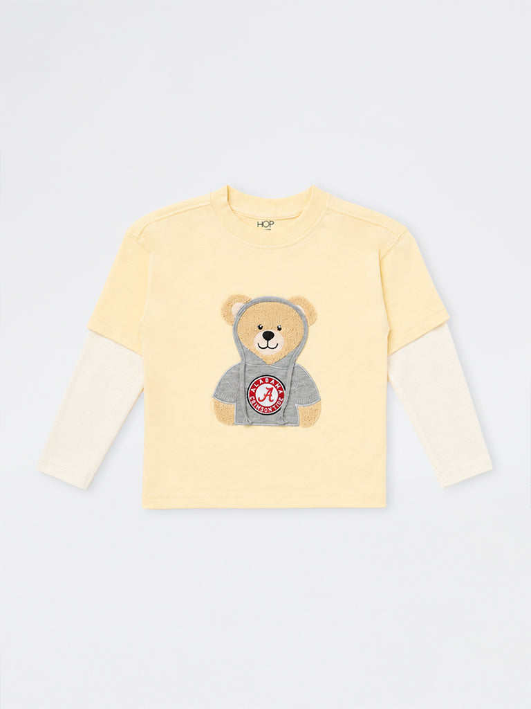 HOP Kids Boys Yellow Teddy Embroidered Cotton T-Shirt