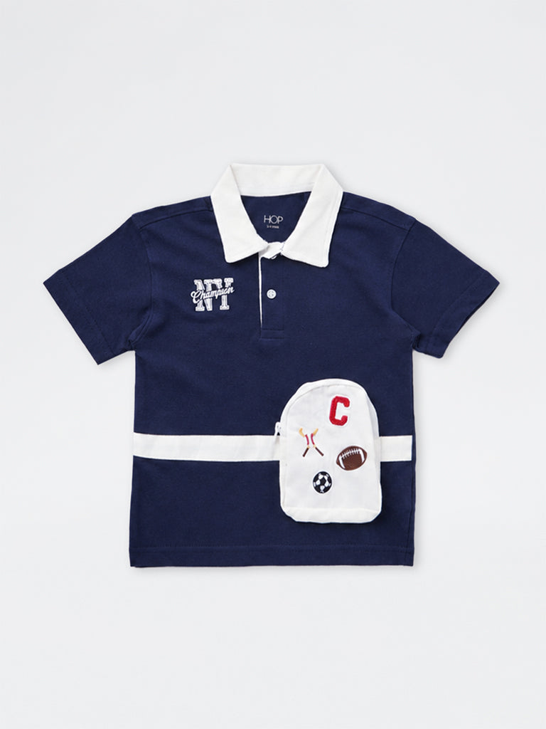 HOP Kids Boys Navy Waist-Bag Style Cotton Polo T-Shirt