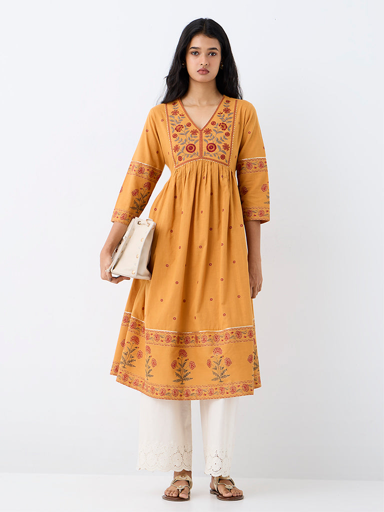 Utsa Mustard Foliage Design Cotton Fit-and-Flare Kurta