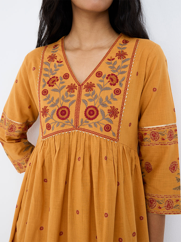 Utsa Mustard Foliage Design Cotton Fit-and-Flare Kurta