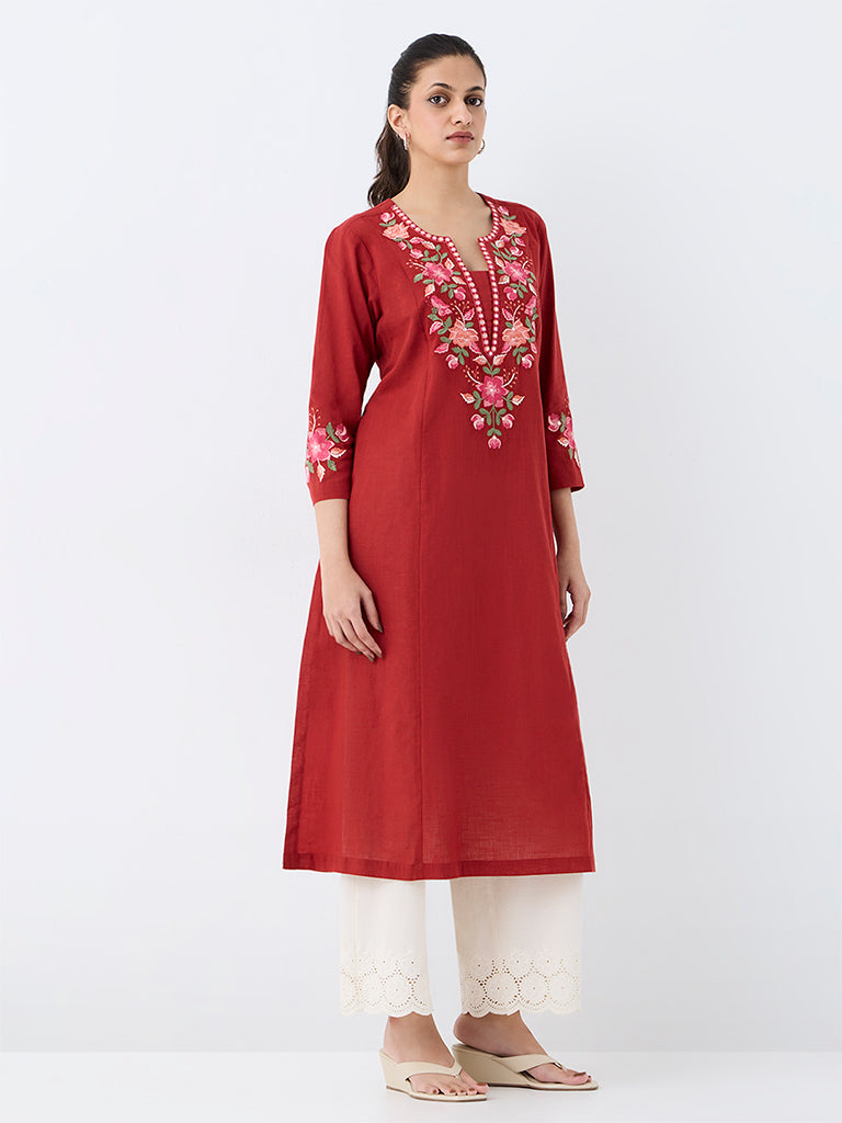 Utsa Red Floral Pattern Cotton A-Line Kurta