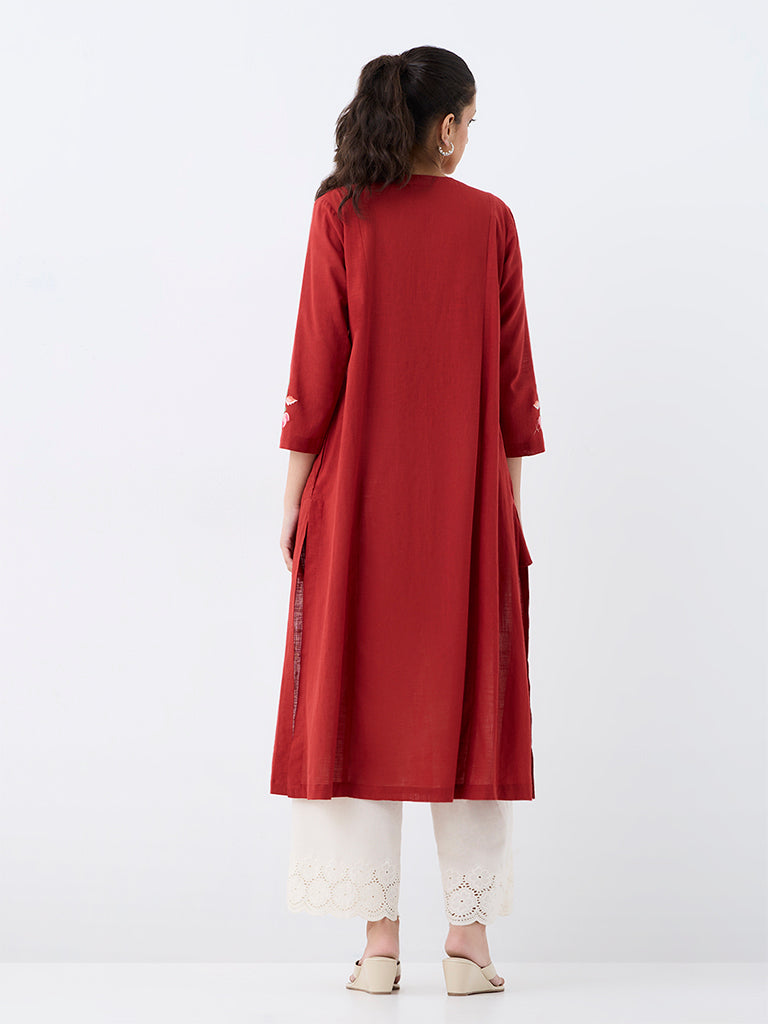 Utsa Red Floral Pattern Cotton A-Line Kurta