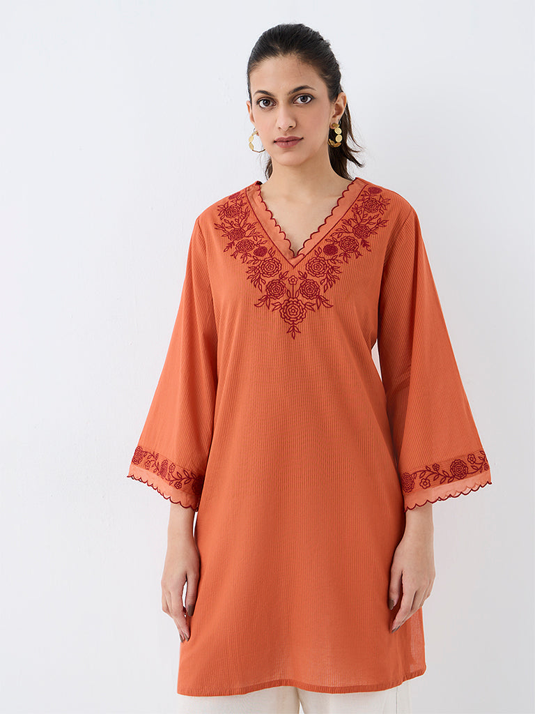 Utsa Orange Floral Embroidered Cotton Straight Kurta