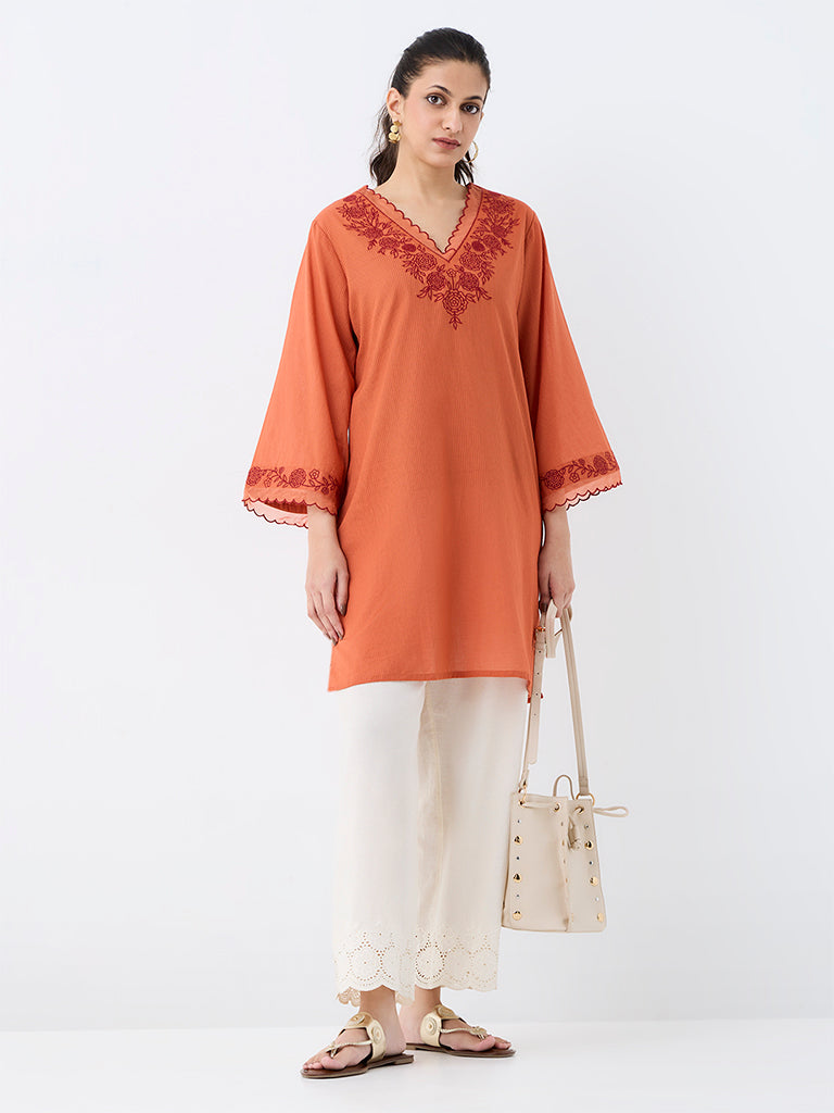 Utsa Orange Floral Embroidered Cotton Straight Kurta