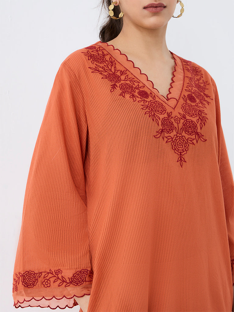 Utsa Orange Floral Embroidered Cotton Straight Kurta