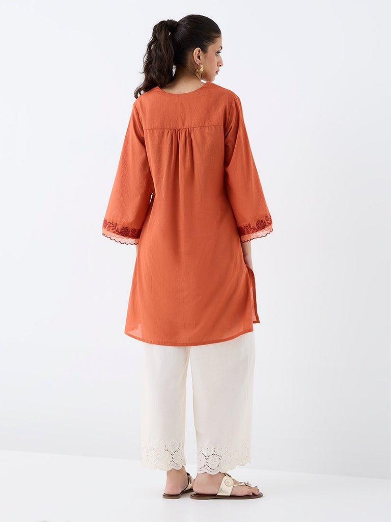 Utsa Orange Floral Embroidered Cotton Straight Kurta