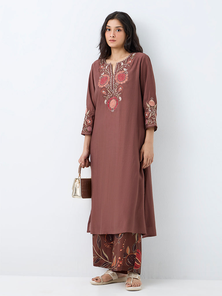 Utsa Brown Anar Embroidered Straight Kurta