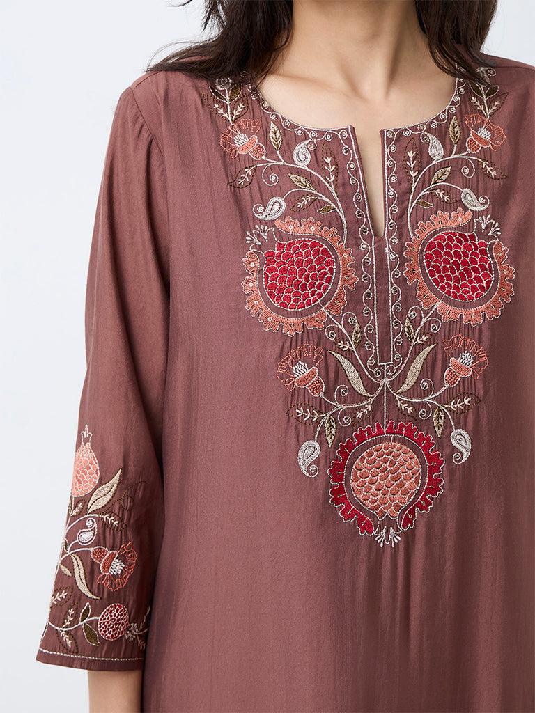 Utsa Brown Anar Embroidered Straight Kurta