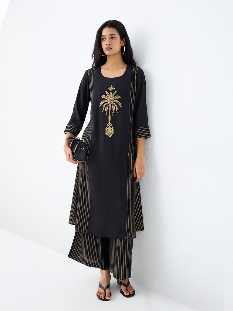 Utsa Black Nature-Inspired A-Line Kurta
